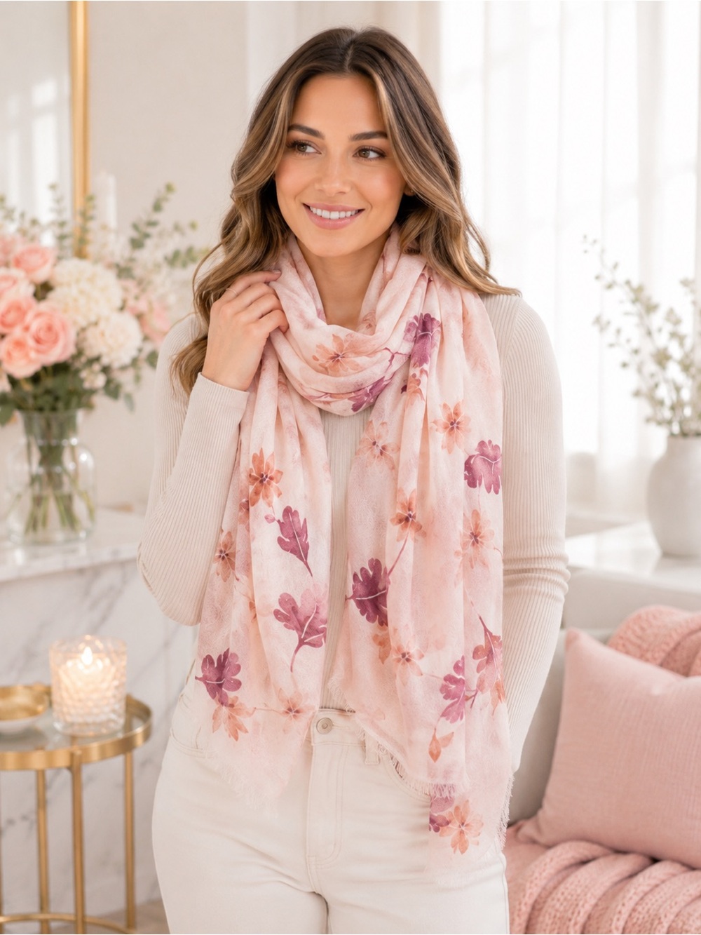 LC Lauren Conrad Pink Floral Lightweight Satin Scarf Wrap Shawl Boho